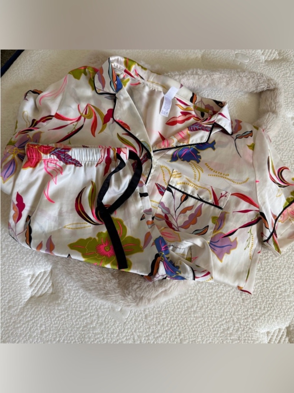 Silky Floral Pajama Set in Cream with Pink & Green Accents